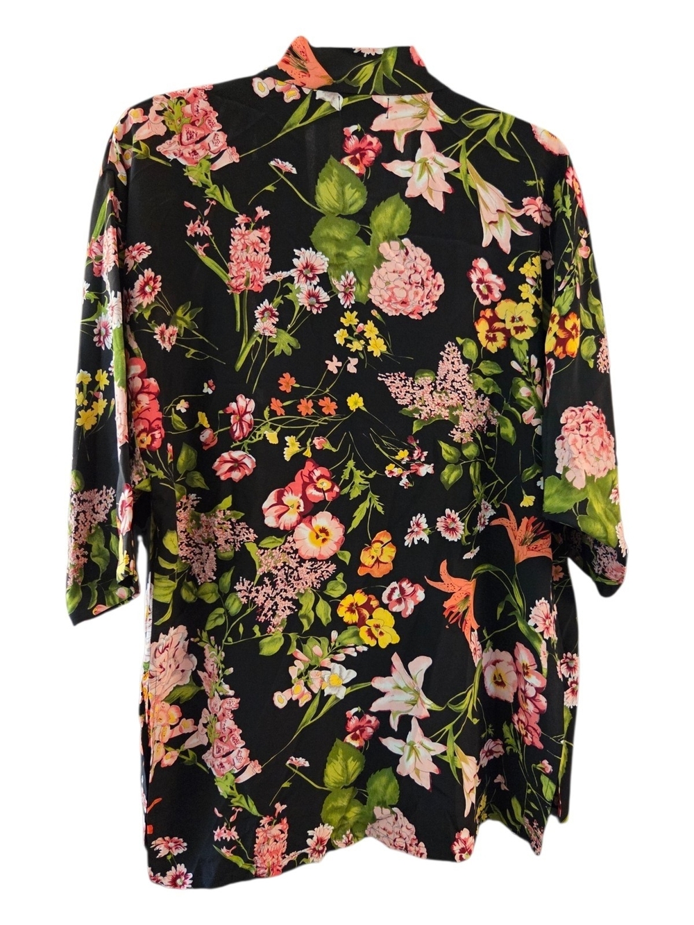 Luna Floral Open-Front Duster Cover-Up - Black with Pink & Green Floral - Size M - Picture 2 of 3